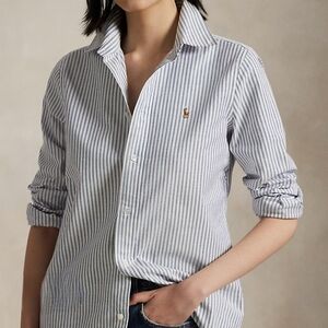 Ralph Lauren Women's Light Blue Striped Slim Fit Polo Button Down ~ Size 10